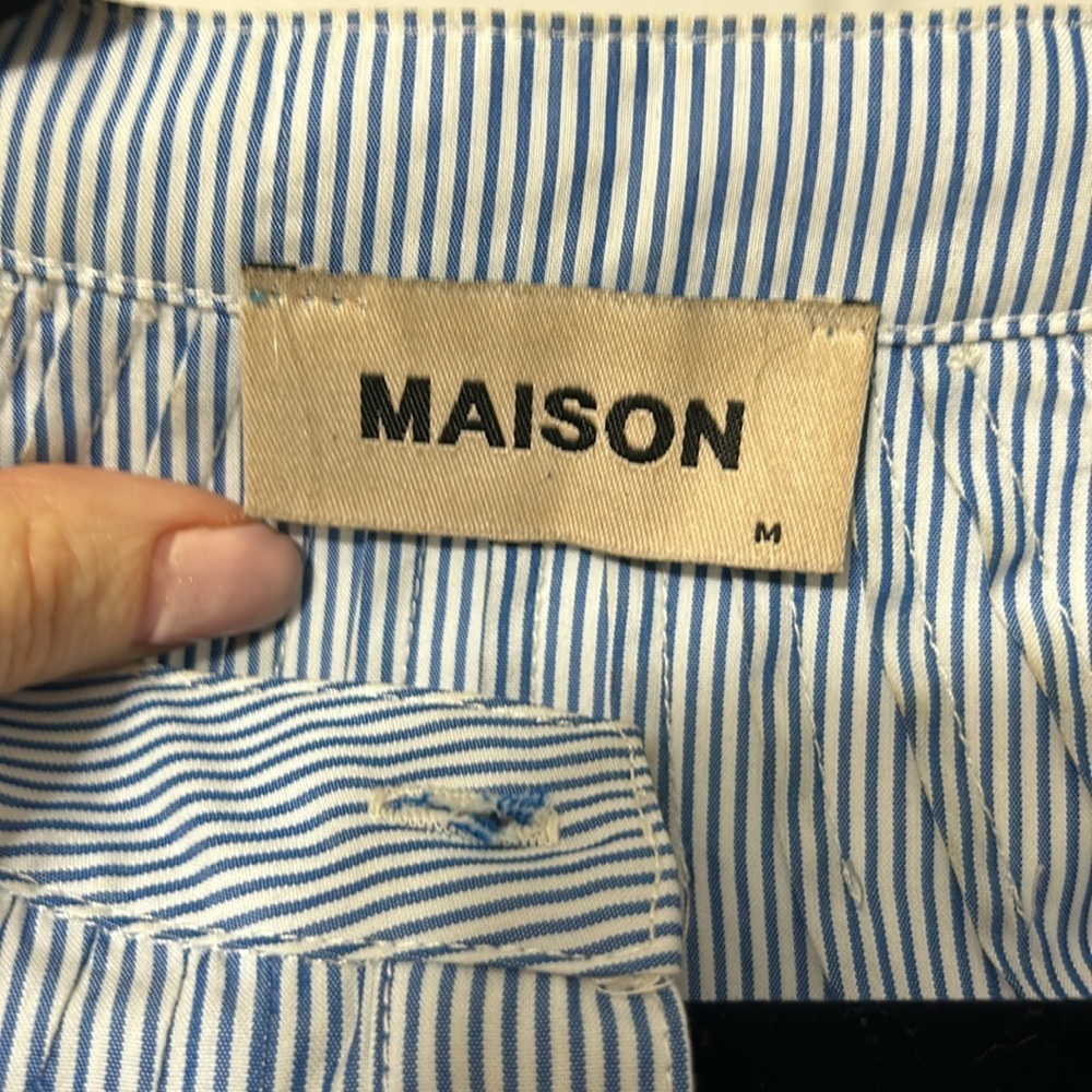 Maison Blue White Stripe Balloon Sleeve Tunic Blouse Size M Coastal Chic - Picture 4 of 8